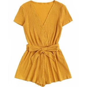 * S O L D * Yellow Ribbed Wrap Romper